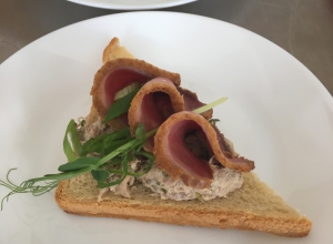 Smoked duck breast on a toast with duck rillettes