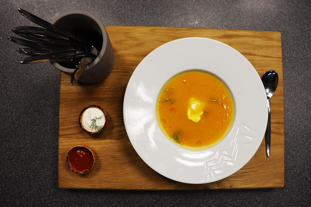 CREAMY RED KURI SQUASH SOUP WITH SAUER CREAM