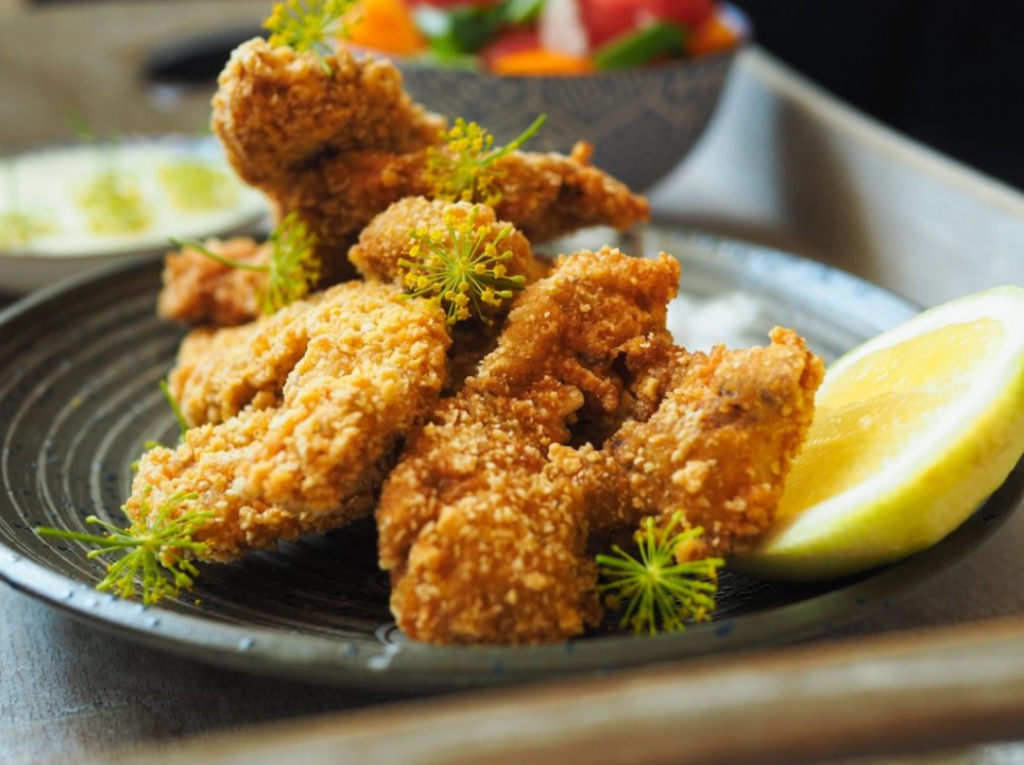 CRISPY CARP FRIES WITH POTATO SALAD AND HORSERADISH SOUR CREAM DIP