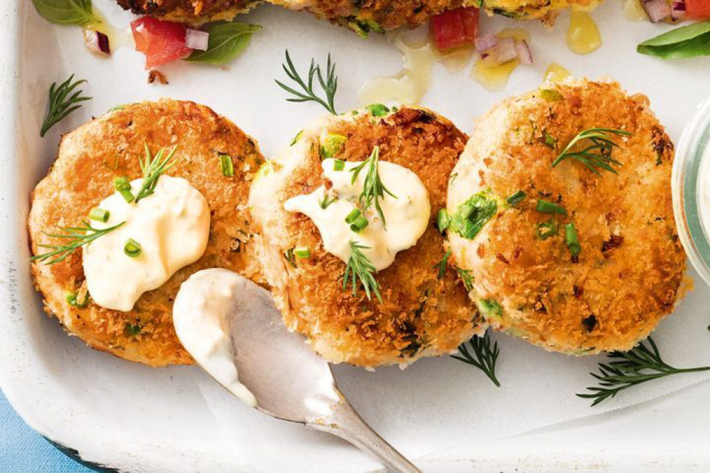 Fish and potato cakes with pea puree