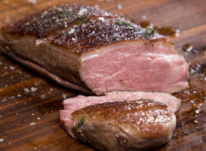Sous vide duck breast with red cabbage purée, gingerbread sponge dumplings